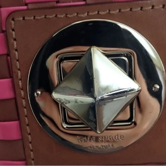 KATE SPADE VTG Pink Poly & Leather Woven Turn Lock Chain Clutch Shoulder Handbag - Picture 4 of 7